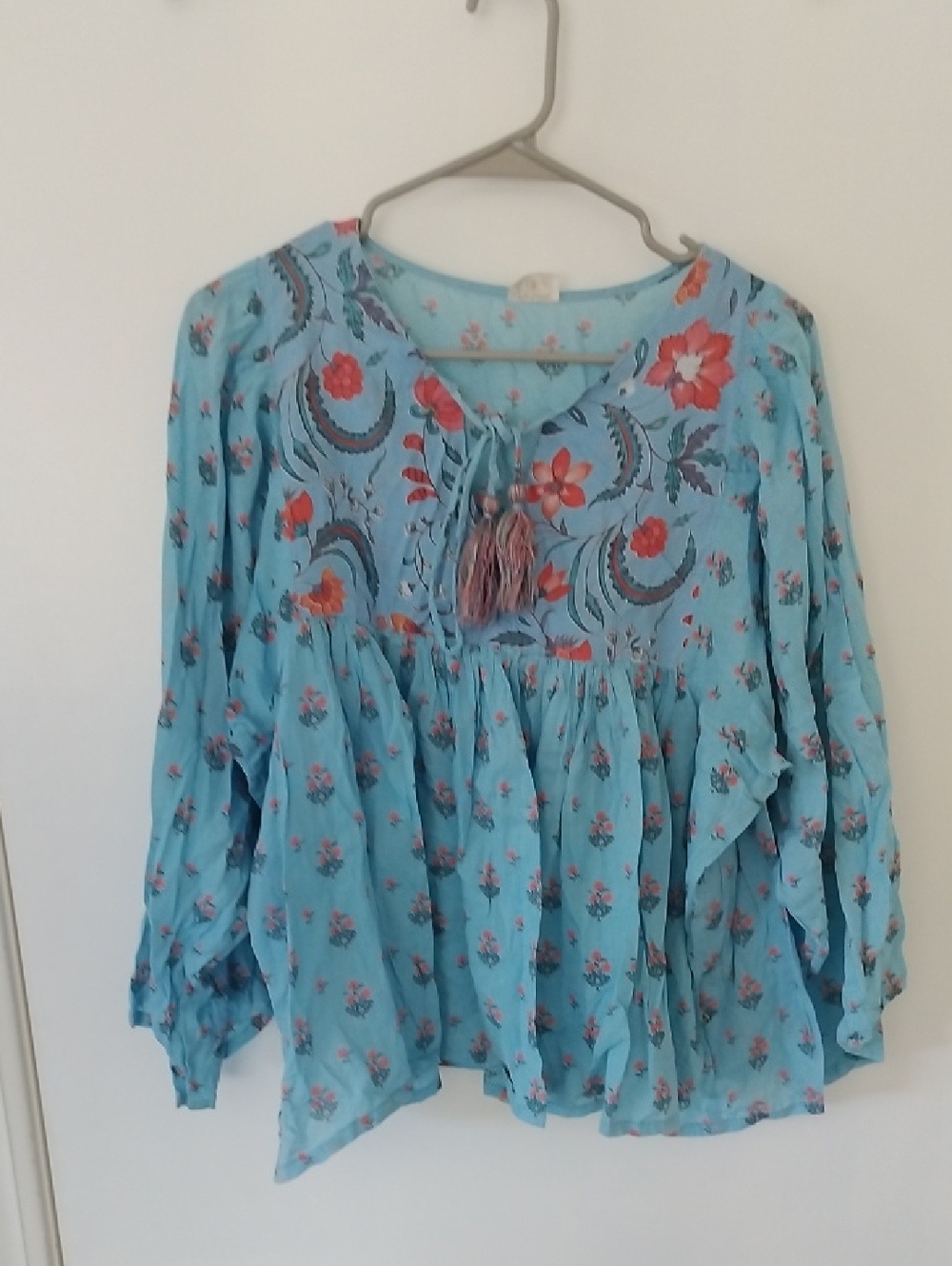 Bohemian Light Blue Floral Tie-Neck Tunic
